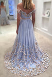 Light Blue Tulle Off The Shoulder Evening Gowns A Line Lace Appliques Prom Dresses OK632