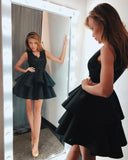 V Neck Lace Short Satin Layered A-Line Knee Length Short Prom Dress,Homecoming Dress OKC15