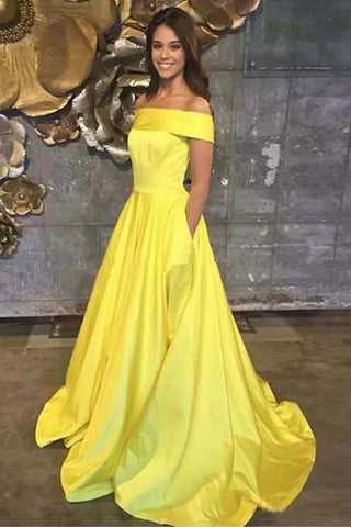 Yellow Off The Shoulder A Line Prom Dresses,Long Evening Gown With Pockets OKJ67