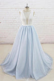 Light Blue Tulle Sheer Back A-line Round Neck Formal Prom Dress OKU11