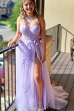 Dreamy Lavender Sheer One-Shoulder Long A Line Tulle Prom Gowns OK1529