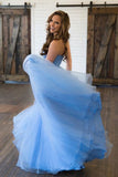 Sky Blue Prom Dresses,Tulle Prom Gown,Long Prom Dress,Sweetheart Prom Dress,Lace  Prom Dress