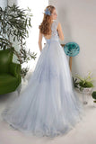 3D Flowers A-line Blue Gray Tulle Long Formal Prom Evening Dresses OKV6