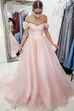 Light Pink Off The Shoulder Long Tulle Prom Evening Dress A Line Simple Party Dress OK1142