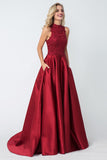 Cheap A-line Red High Neck Applique Satin Long Prom Dress,Evening Dresses OKA67