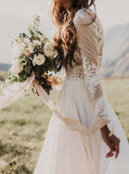 A Line Long Sleeves Lace Appliqued Ivory Beach Wedding Dress OKF83