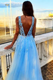 Sky Blue V Neck A-line Tulle Prom Dress Long Lace Appliques Formal Evening Dress OKX77