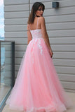 Pink A-line Tulle Spaghetti Straps Prom Dress Long Lace Appliques Formal Evening Dress OKX78