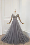 A-line Long Sleeves V Neck Grey Beading Prom Dress OKS91