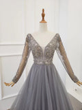 A-line Long Sleeves V Neck Grey Beading Prom Dress OKS91