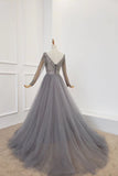 A-line Long Sleeves V Neck Grey Beading Prom Dress OKS91