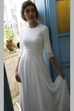 Modest Chiffon 3/4 Sleeves Floor Length Wedding Dress with Lace Top OK1424