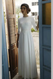 Modest Chiffon 3/4 Sleeves Floor Length Wedding Dress with Lace Top OK1424