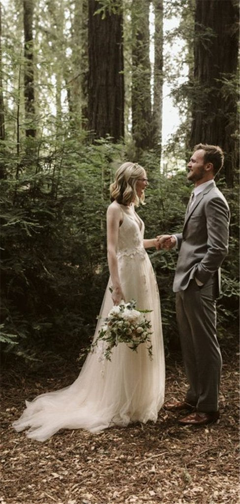 A Line Spaghetti Straps Appliques Backless Long Tulle Wedding Dress OK1076