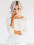 Simple White A-line Satin Sweep Train 3/4 Sleeves Backless Wedding Dresses OK740