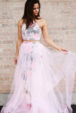 A Line Halter Sleeveless Floor Length Floral Pink Prom Dress OKJ32