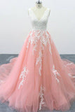 A-line V-neck Pink Tulle Lace Appliques Cathedral Train Formal Prom Dress OKS2