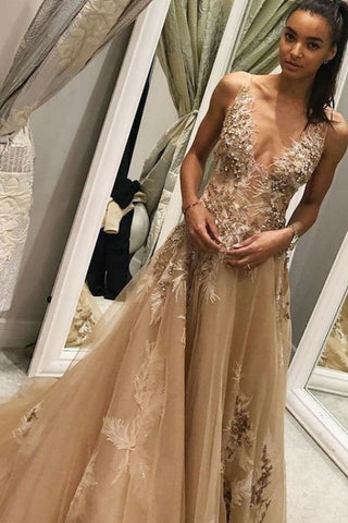 A Line Tulle Long Appliques Deep V Neck Prom Dresses With Beading OKF66