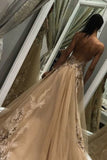 A Line Tulle Long Appliques Deep V Neck Prom Dresses With Beading OKF66