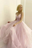 Light Pink Spaghetti Straps Tulle Puffy Prom Gown, Asymmetrical Formal Evening Dress OK1670