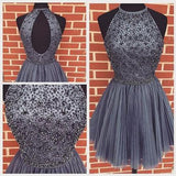 New Arrival Open Back Gray Tulle Short Prom Dress Homecoming Dress OKJ92