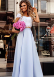 Cheap Light Blue Satin Two Piece Lace Top Floor Length Prom Dresses OK891