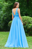 Blue V Neck A-Line Sleeveless Appliques Backless Floor Length Prom Dress OKE28