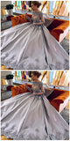 Elegant A-Line Bateau Long Sleeves Grey Satin Prom Dresses with Appliques OKF55