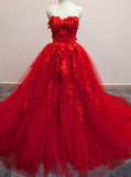 Charming Red Sweetheart Strapless Ball Gown Applique Tulle Long Prom Dresses OKE82