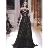 Romantic Long Sleeves Off the Shoulder Lace Appliques A Line Black Prom Dress OKG33