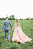 Blush Pink Long Tulle Appliques Wedding Dress With Cathedral Train,Prom Dress OK904