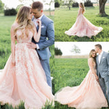 Blush Pink Long Tulle Appliques Wedding Dress With Cathedral Train,Prom Dress OK904