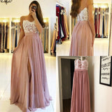 Spaghetti Strap Dusty Pink Appliques Prom Dress with Slit Lace Bodice OKU2