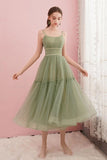 Simple Tulle Spaghetti Straps Tea A-line Length Homecoming Dress OKU52