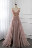 Sweet Dusty Pink Crystal Prom Dress Long Straps Spaghetti Tulle Evening Gown OKV96