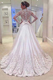 White A Line V Neck Long Sleeves Appliques Wedding Dress With Sweep Train OK525