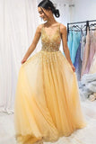 A-line Floor Length Tulle Yellow Prom Dress With Sequins V Neck Long Formal Dress OKY80