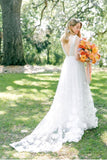 Romantic Tulle A Line Flower Bridal Gown with V-neckline Beach Wedding Dress OK1429