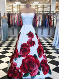 Rose Red Floral Long Prom Dress with Pockets Strapless Evening Gown OKI64