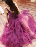 A Line Purple Tulle Beading Long Prom Dress with Appliques OKH93