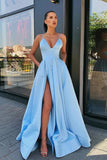 Light Sky Blue Long Prom Dress V-neck Spaghetti Straps Simple Satin Women Prom Gown With High Slit OKV93