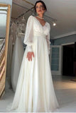 Vintage Long Sleeves Wedding Dress Chiffon A-line V Neck Bride Gowns OKV59