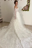 Lace Floral Puff Sleeve Wedding Dresses Sweetheart Long Train Bride Gowns Corset Back OKV20