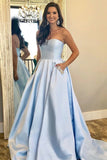 Light Sky BLue Prom Dress With Pocket Strapless A-line Long Formal Party Dress OKV94