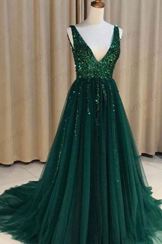 Sexy V-nevk V-back Green Tulle Evening Dresses,Cheap Long A Line Prom Dress OKI54