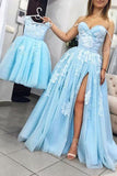 Charming Sweetheart Split Blue Lace Appliques Long Prom Dress,Pretty Evening Dresses OKG18