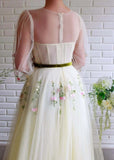 A-line Long Sleeves Tulle Long Prom Dress With Embroidery OKT99