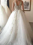 Elegant Sheer Round Neck Ivory Open Back Wedding Dress with Appliques Bridal Dress OK1014