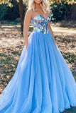 Shiny Sweetheart Sequins Blue Tulle Long Prom Dress Formal Evening Dress OK1318