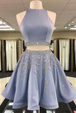 Stylish Homecoming Dress,Two Piece Homecoming Dresses,A-Line Homecoming Dress,Jewel Sleeveless Prom Dresses,Short Homecoming Dress With Beading